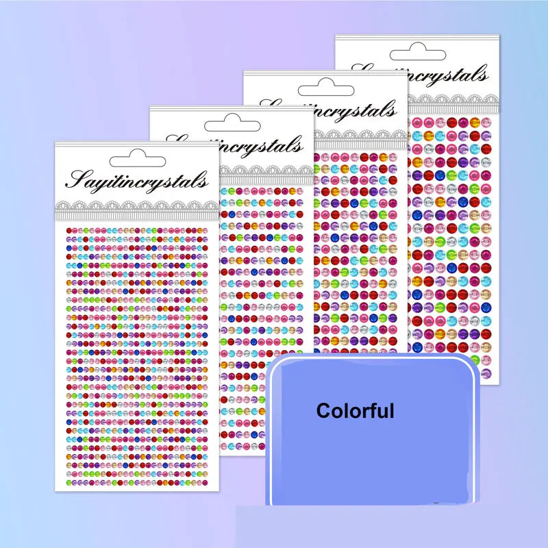 Pack of colorful self-adhesive rhinestone embellishments in various shades and sizes.