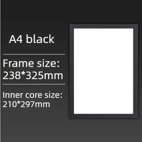 A black A4 magnetic poster display frame with inner core size 210x297mm