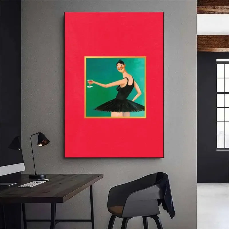 A vibrant red canvas wall art featuring a stylized portrait of a woman in a black dress.
