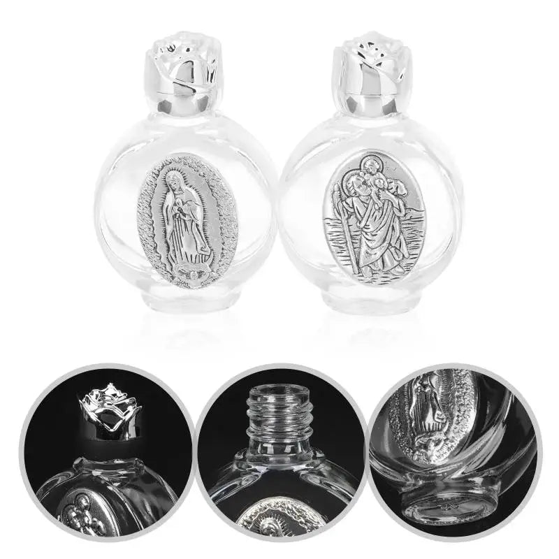 Decorative glass bottle with a figurine and twist cap shown from the front and various angles.