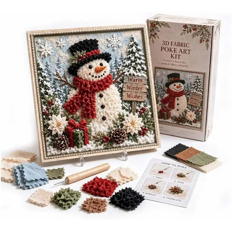 A box and framed artwork for a 3D fabric poke art kit featuring a snowman and winter forest scene.