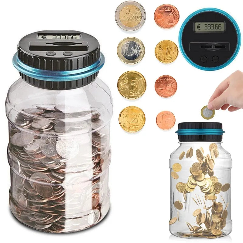 A clear glass piggy bank filled with coins, next to various gold and copper coins and a digital coin counting device.