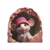 A cute white mouse with pink ears peeks out of a cracked pink wall frame.