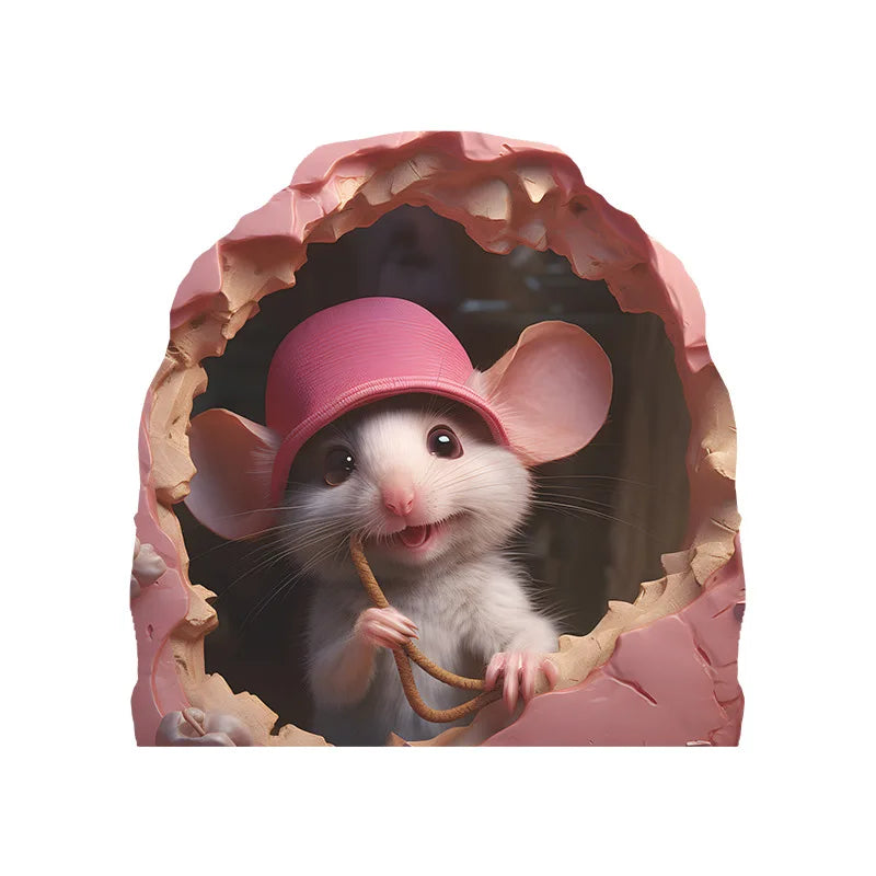 A cute white mouse with pink ears peeks out of a cracked pink wall frame.