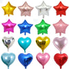 Assortment of 18-inch foil star and heart balloons in various colors including gold, silver, pink, blue, green, and red.