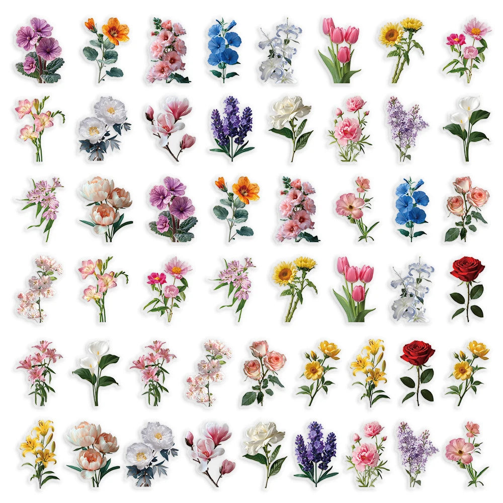 A collection of aesthetic transparent flower decals in various colors and styles for scrapbooking