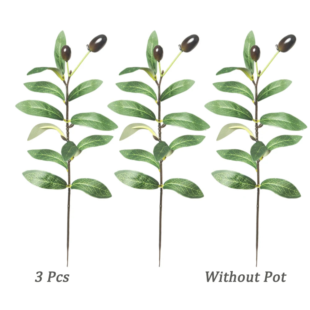 Three artificial olive tree branches with green leaves and dark berries shown next to a version without a pot.