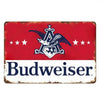 Vintage red and white metal sign featuring a black eagle crest and the name Budweiser