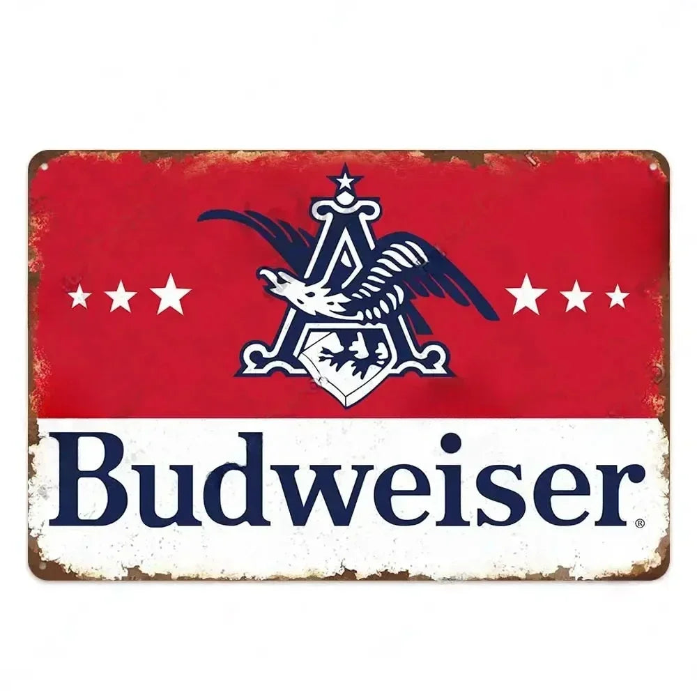 Vintage red and white metal sign featuring a black eagle crest and the name Budweiser
