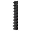 A black wall mounted hat organiser rack with multiple hooks.