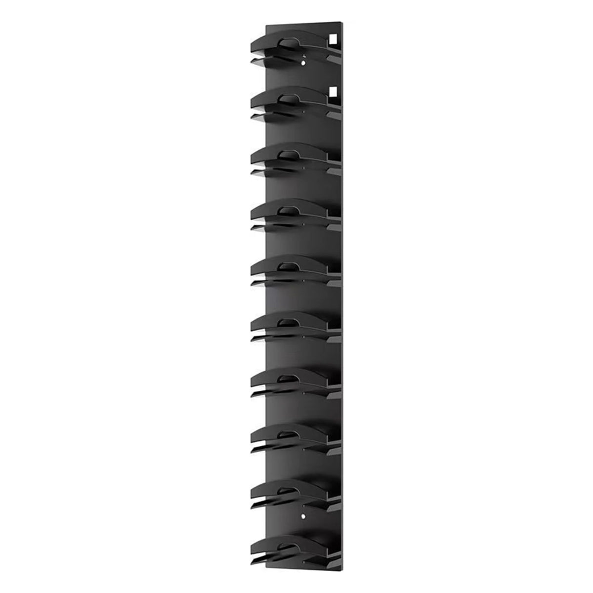 A black wall mounted hat organiser rack with multiple hooks.