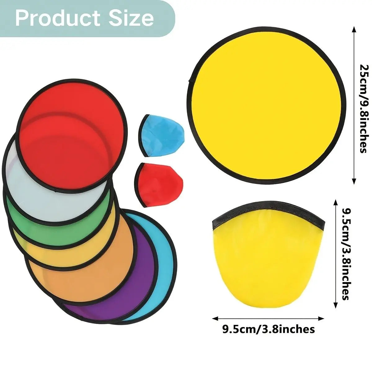 A set of six colored, round fans or discs shown in various sizes and colors.