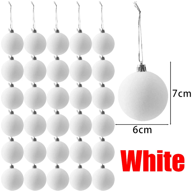 A set of 30 white velvet flocked Christmas ball ornaments hanging by strings.
