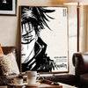 A poster featuring a dramatic black and white illustration of a character from Jujutsu Kaisen anime.