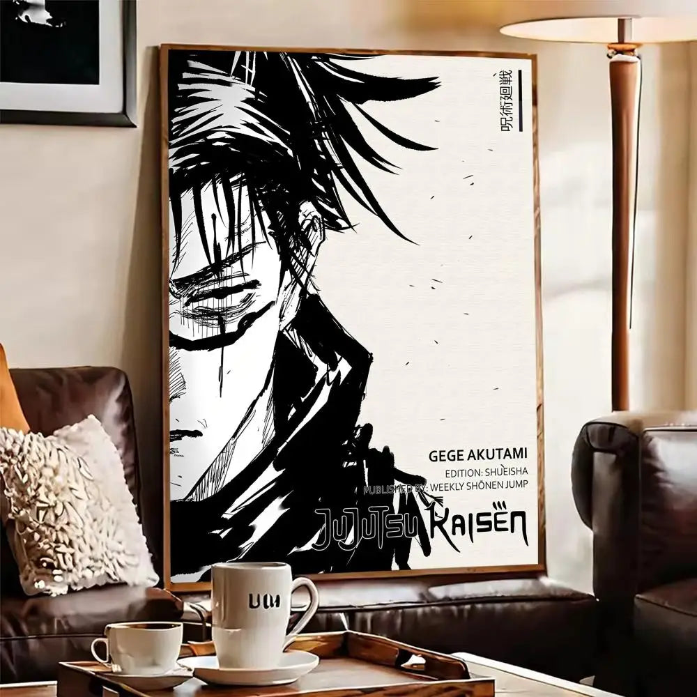 A poster featuring a dramatic black and white illustration of a character from Jujutsu Kaisen anime.