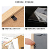 Instructions showing how to assemble a rustic wooden photo frame by sliding a glass panel into the frame.