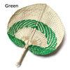 A green peach-shaped bamboo woven hand fan.