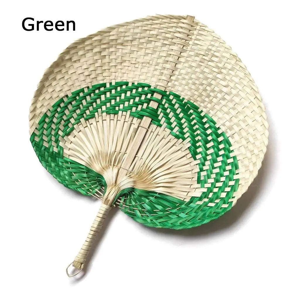 A green peach-shaped bamboo woven hand fan.