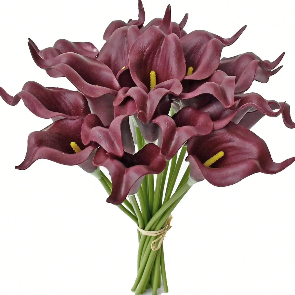 A bouquet of five deep burgundy calla lily blooms on green stems.
