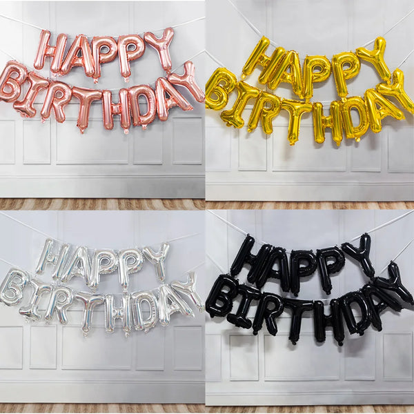 A set of foil letter balloons spelling HAPPY BIRTHDAY in pink, gold, and silver colors for a birthday party decoration.