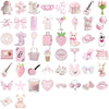 A collection of cartoon pink PVC stickers featuring various cute characters, food items, and decorative elements for DIY craf