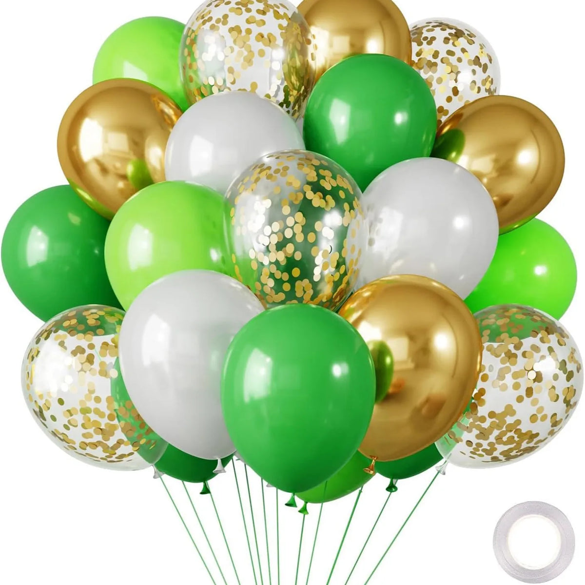 A bunch of chrome latex balloons in gold and green colors are shown against a white background.