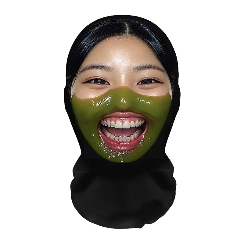 A person wearing a realistic horror mesh balaclava mask covering the face and upper neck area.