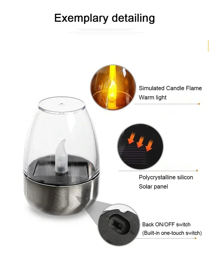 Flammloses Solar-LED-Kerzenlicht mit Glashalter, Silikon-Solarpanel und Ein-/Ausschalter.
