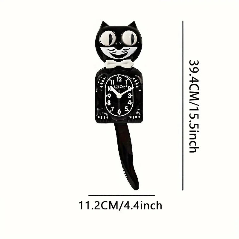A black cartoon cat wall clock with a white bow and a swinging tail, showing the time.