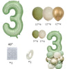 A set of vintage green and gold foil balloons shaped like the number three for birthday decor.