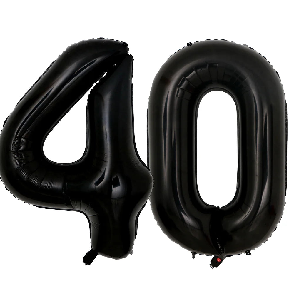 A set of two black foil balloons shaped like the number 40