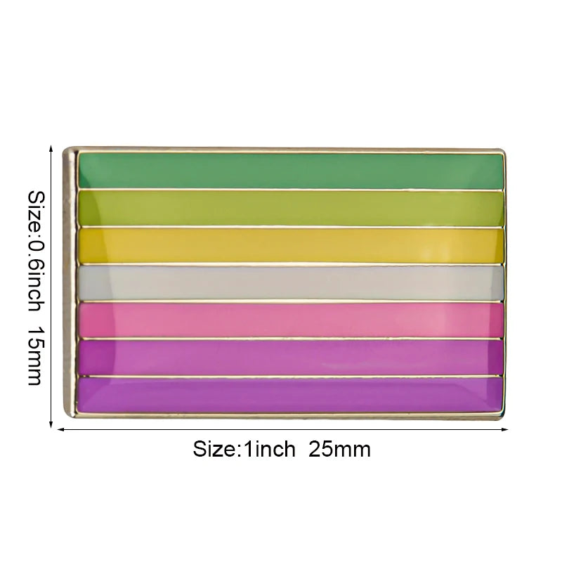 A rectangular lapel pin featuring seven horizontal stripes of various colors including green, yellow, white, and pink/purple.