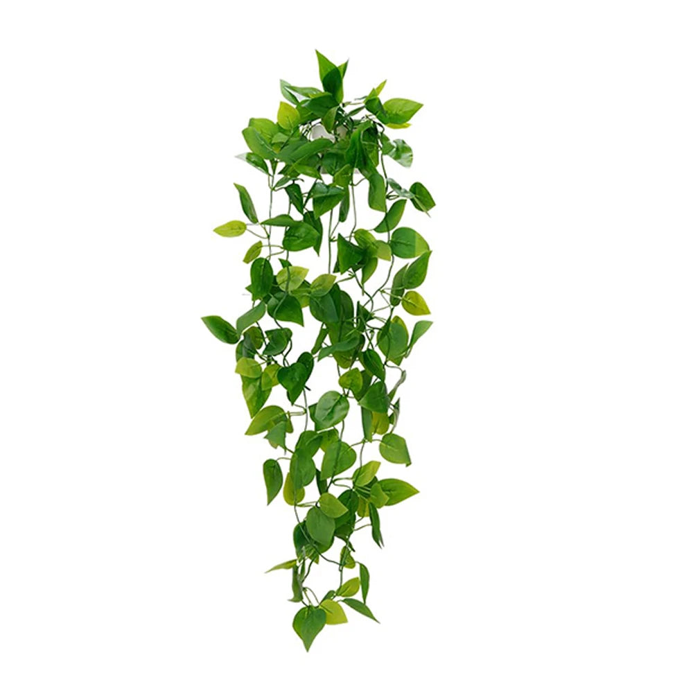 A long, trailing artificial pothos vine with green leaves used for home wall decor.
