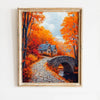 Oil painting of an autumn landscape featuring a stone bridge and vibrant orange and red foliage.