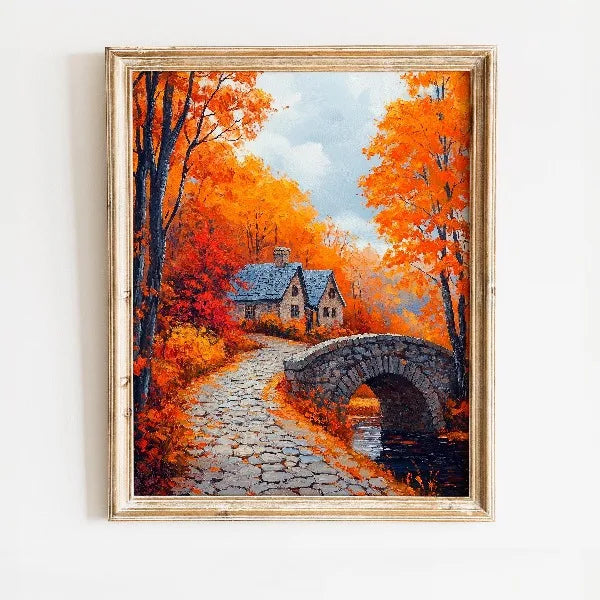Oil painting of an autumn landscape featuring a stone bridge and vibrant orange and red foliage.