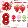 A set of strawberry foil balloons including a number 8 and various colored balloons.