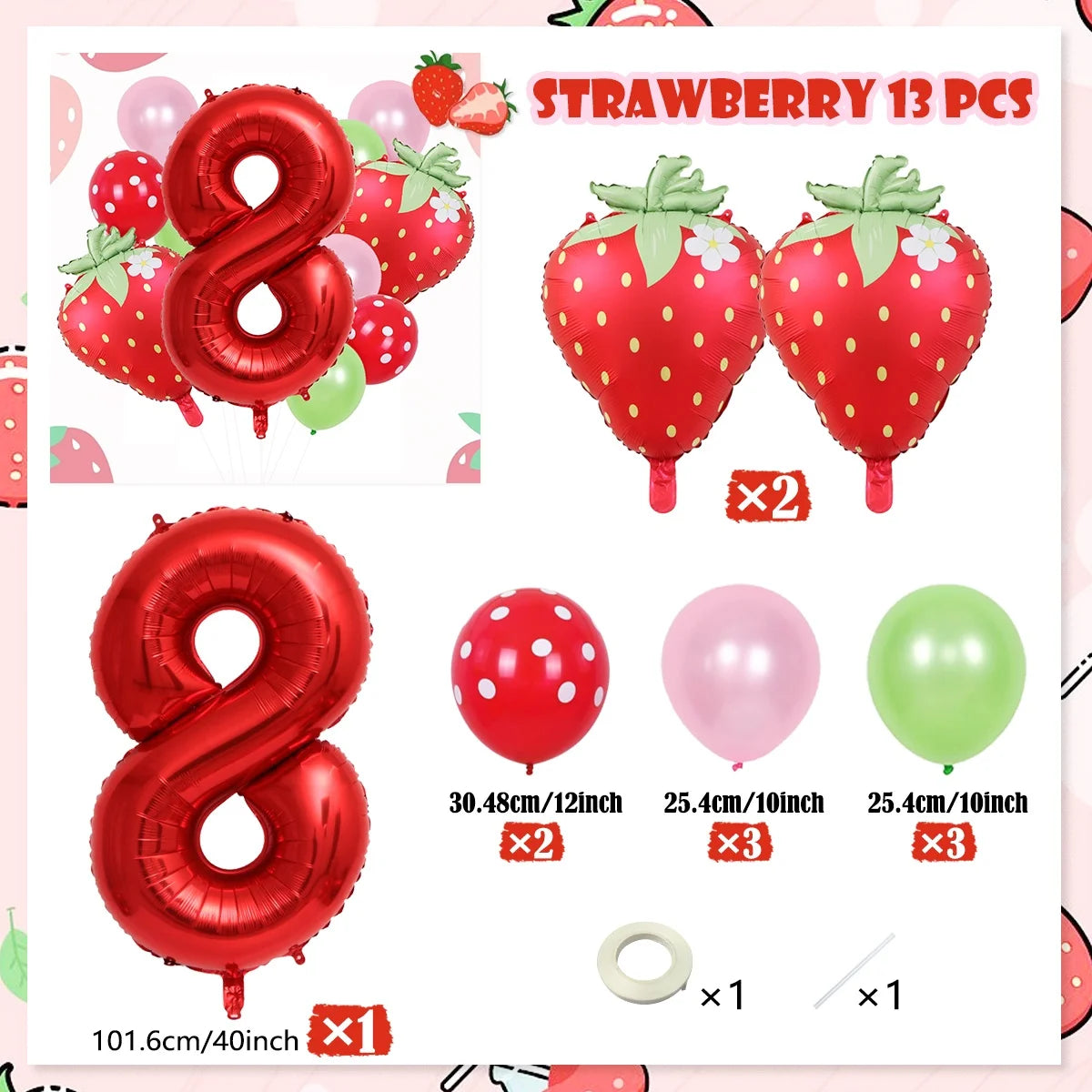 A set of strawberry foil balloons including a number 8 and various colored balloons.