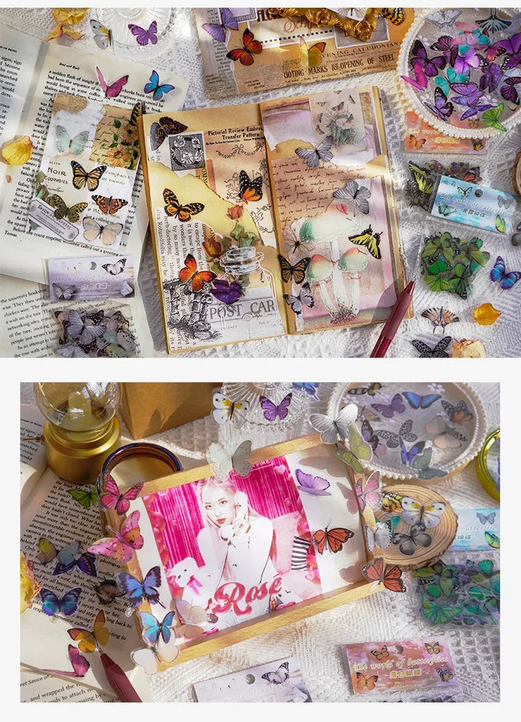 A collection of butterfly art collage stickers and embellishments for scrapbooking