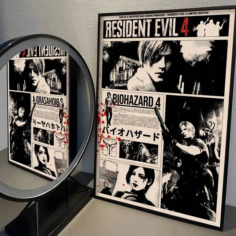 A framed poster featuring Resident Evil 4 artwork with intense characters and dark themes.