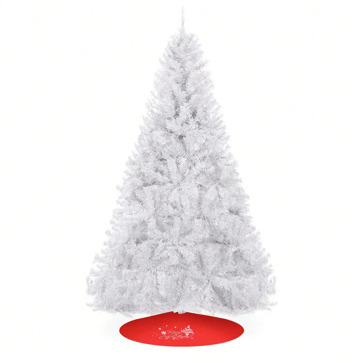 A realistic white artificial Christmas tree with a folding metal stand placed on a red surface.