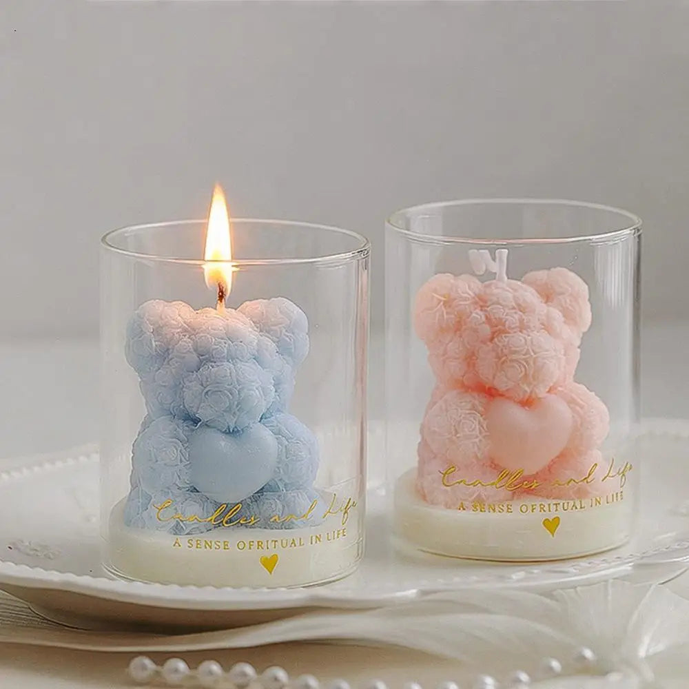 Rose Bear Scented Soy Wax Candle in Glass Cup