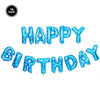 A set of blue foil balloons spelling out Happy Birthday
