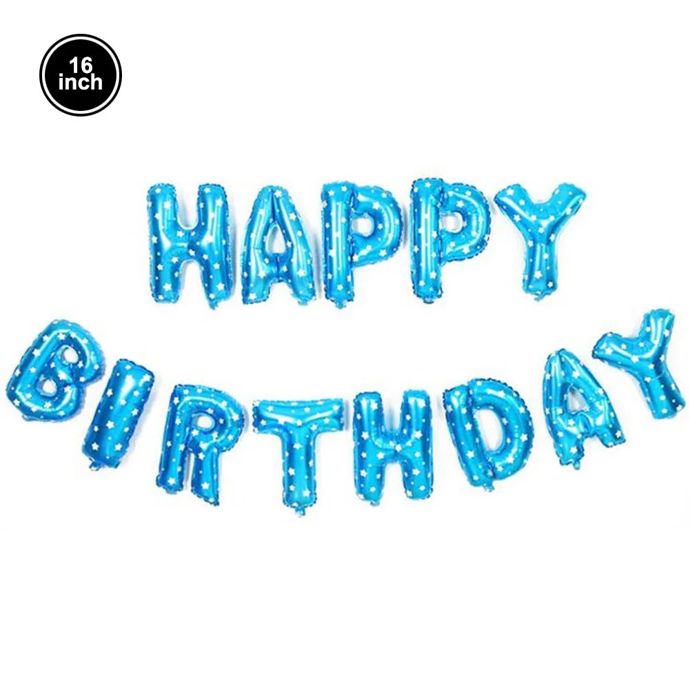 A set of blue foil balloons spelling out Happy Birthday