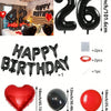 A set of red and black foil number balloons, heart-shaped balloons, and round balloons for birthday decorations.