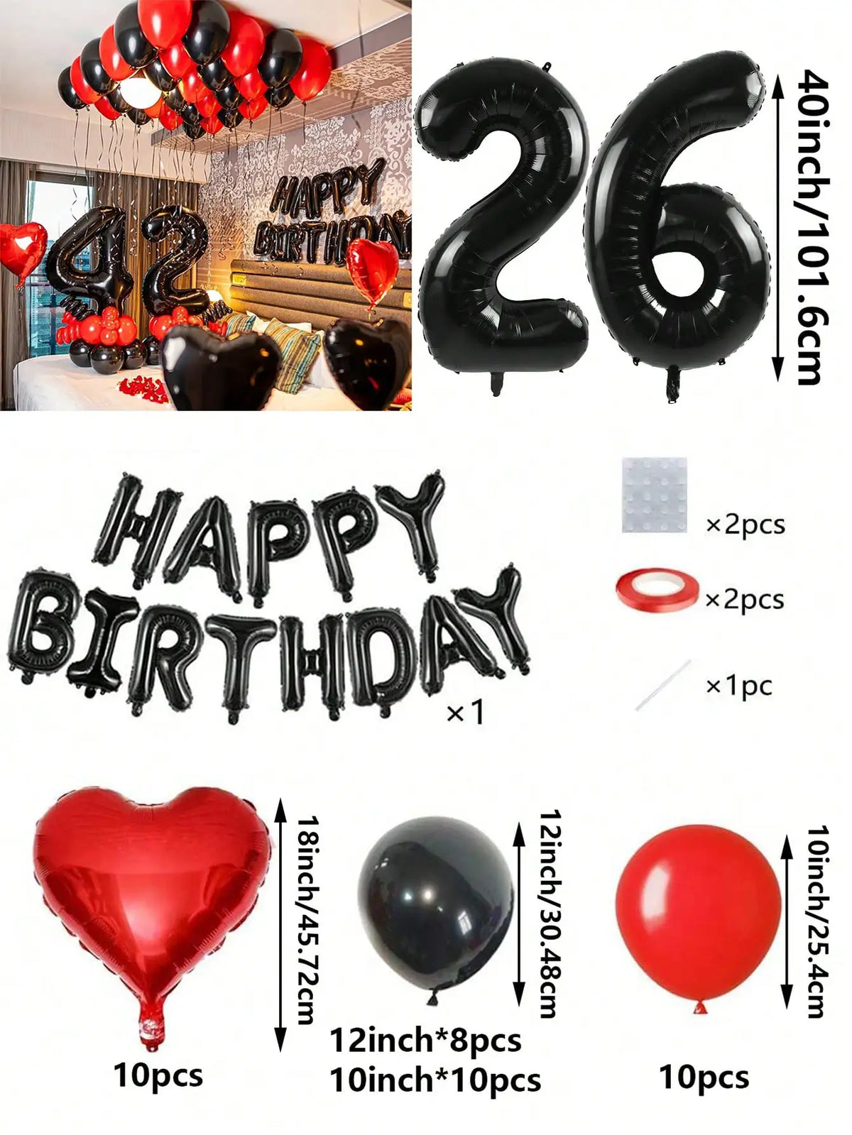 A set of red and black foil number balloons, heart-shaped balloons, and round balloons for birthday decorations.