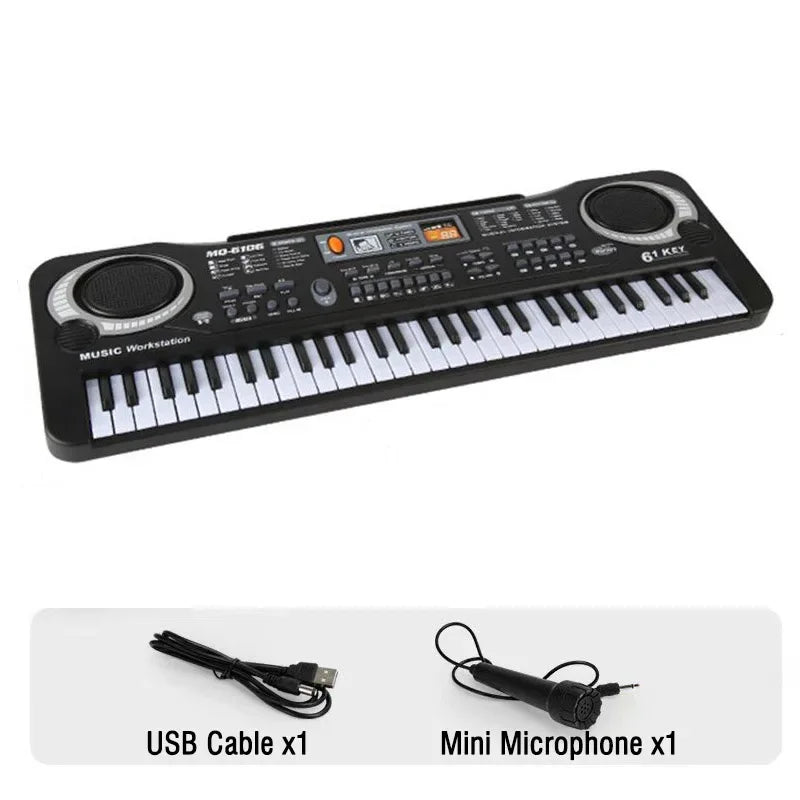 Black electronic piano keyboard with a built-in microphone and USB cable
