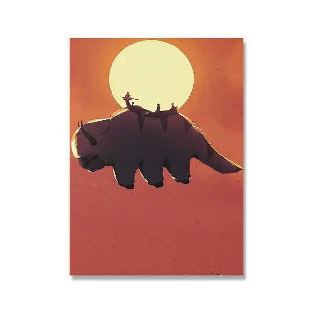 Minimalist canvas wall art featuring a silhouette of a bison against a large yellow sun in an orange sky.