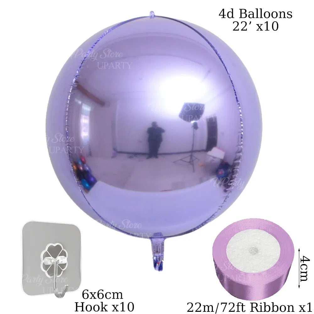 A purple 4D balloon is shown with a hook and ribbon accessories.
