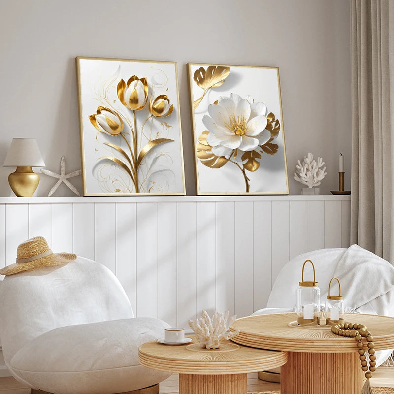 Arte de lienzo floral de girasoles con acentos dorados en una estantería blanca con decoración natural.
