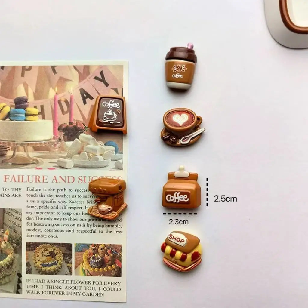 A set of colorful coffee bean fridge magnets featuring various coffee-themed designs.